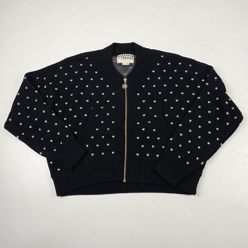 Label + Thread Sweater Womens S Blue 100% Cotton Full Zip Knit Geometric